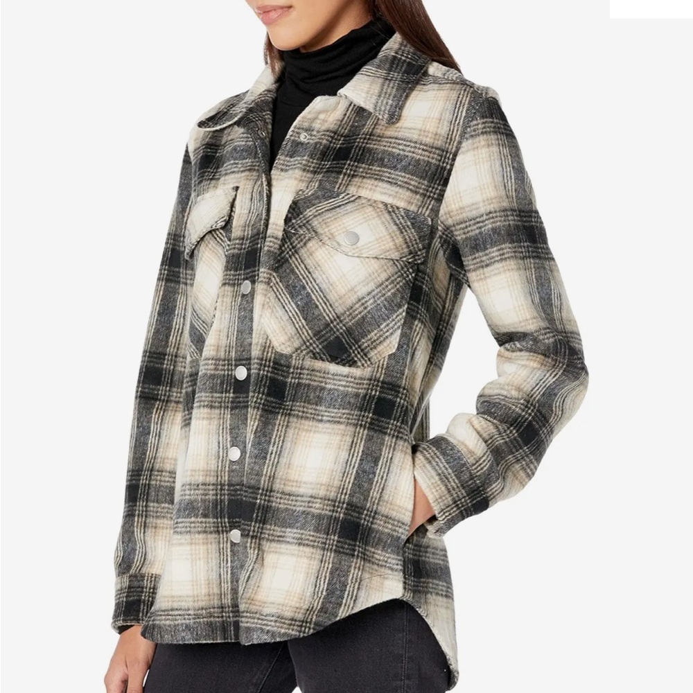 Blank NYC Plaid Shacket- Black, Tan and Cream Wool Blend Size M